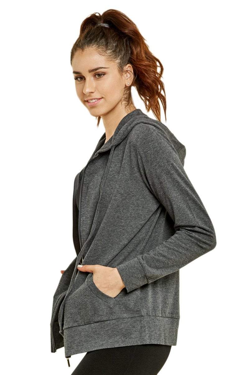 Sofra Women's Thin Cotton Zip Up Hoodie Jacket, Charcoal, Large - Image 3